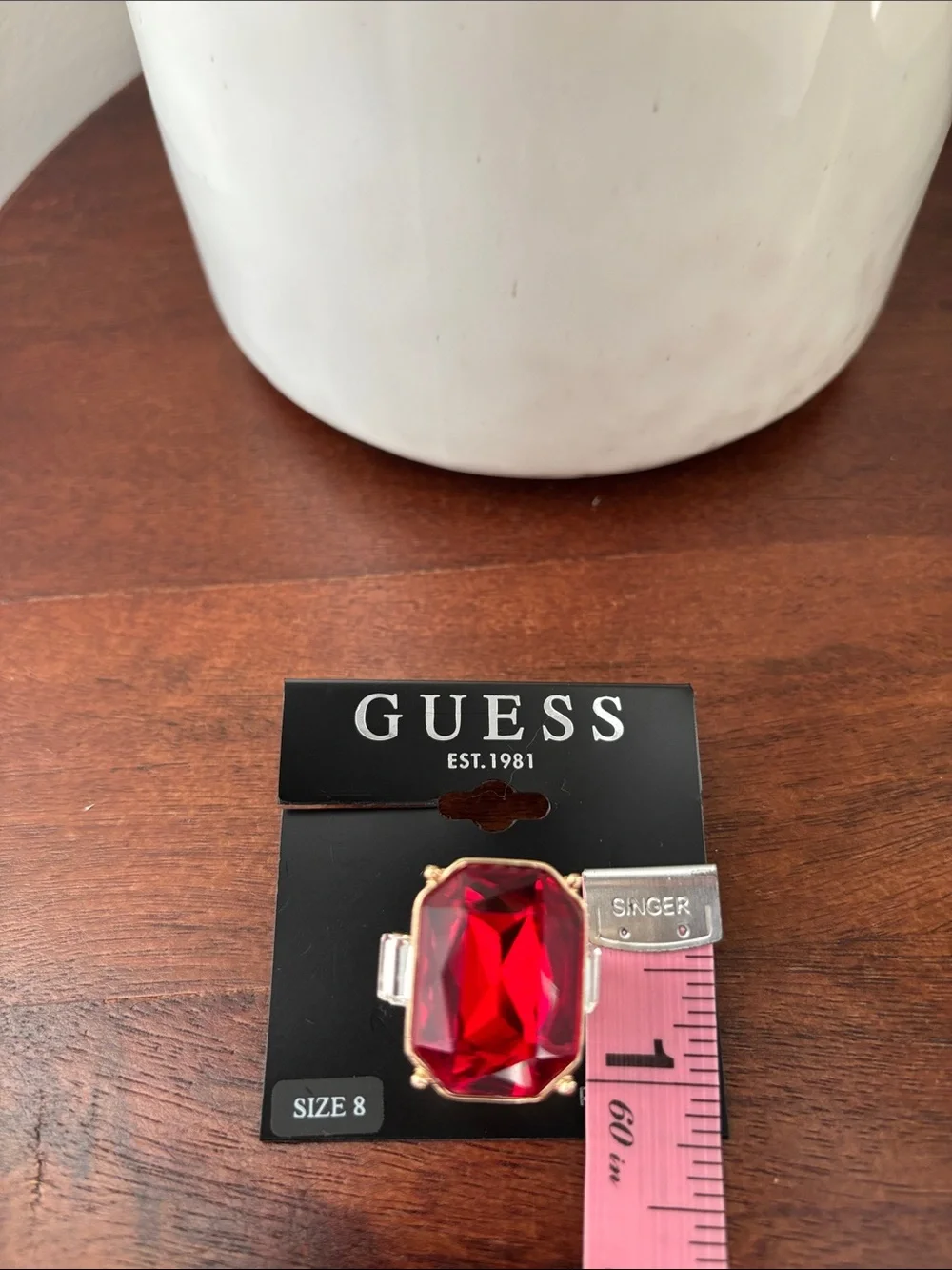 Guess Large Beveled rectangle red gemstone,clear baguette stones sides Goldtone